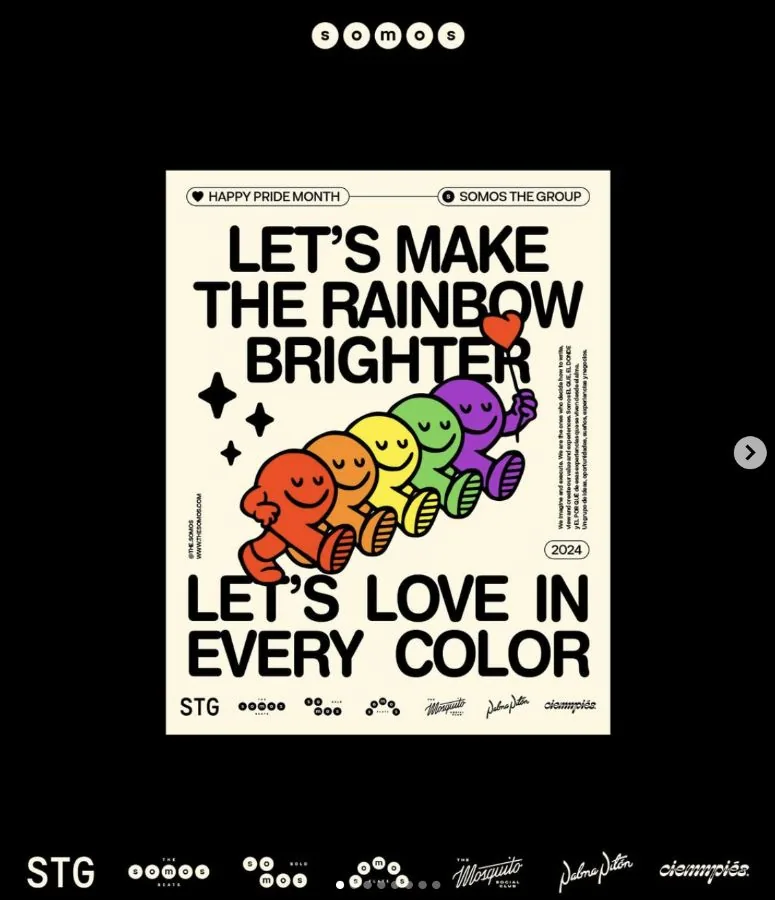 Afiche de la campaña “Let’s make the rainbow brighter” con personajes ilustrados