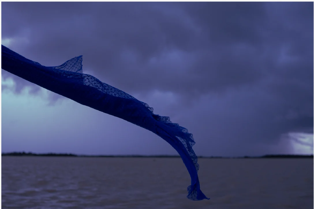 Tela azul sobre la ciénaga al atardecer